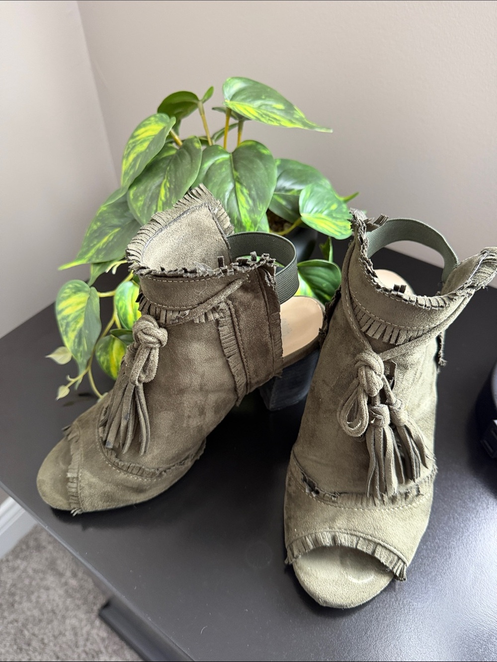 Fringed Olive Suede Open-Toe Block Heels